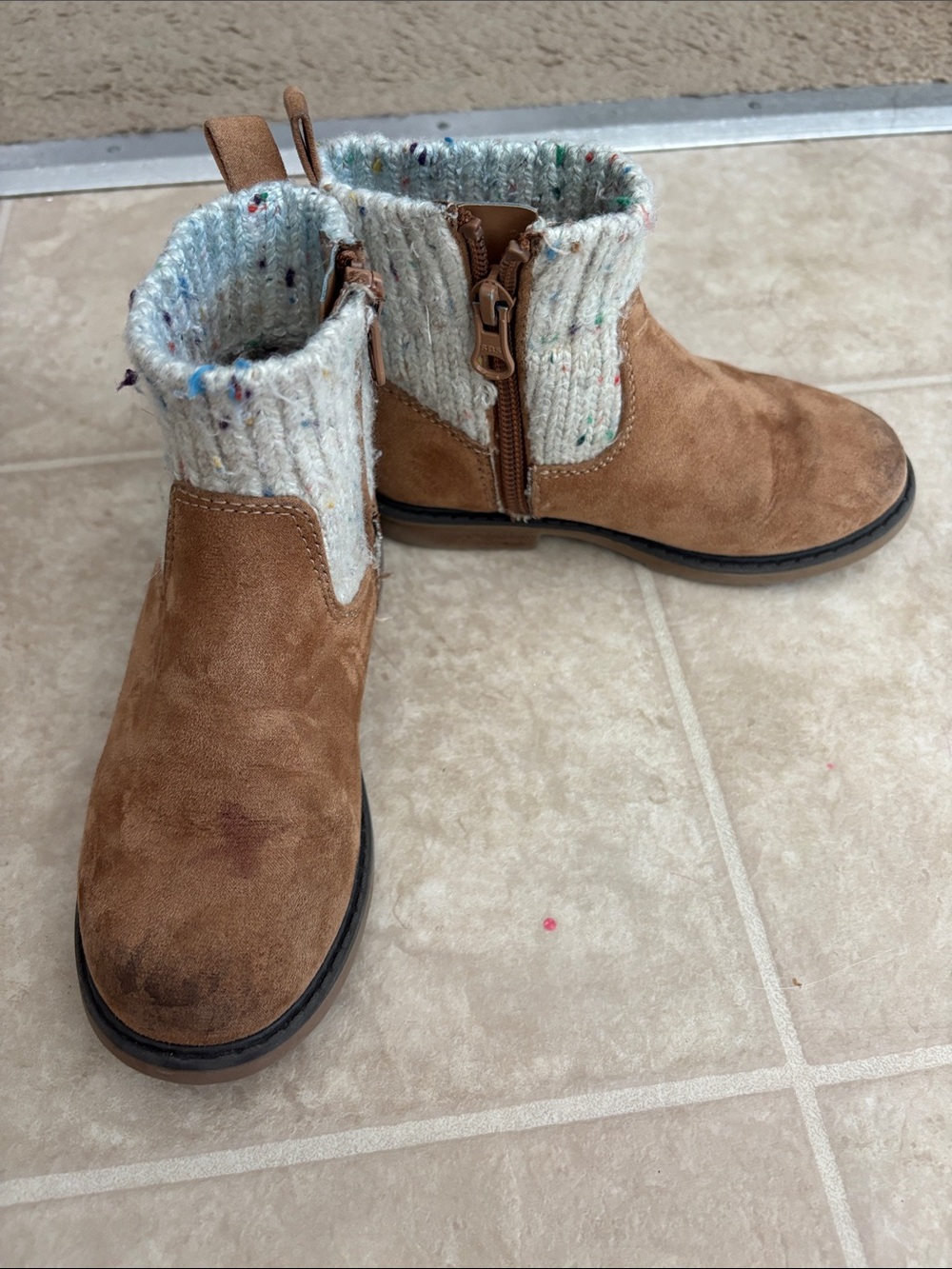 Cat & Jack Tan Suede Kids Ankle Boots with Cream Knit Cuff